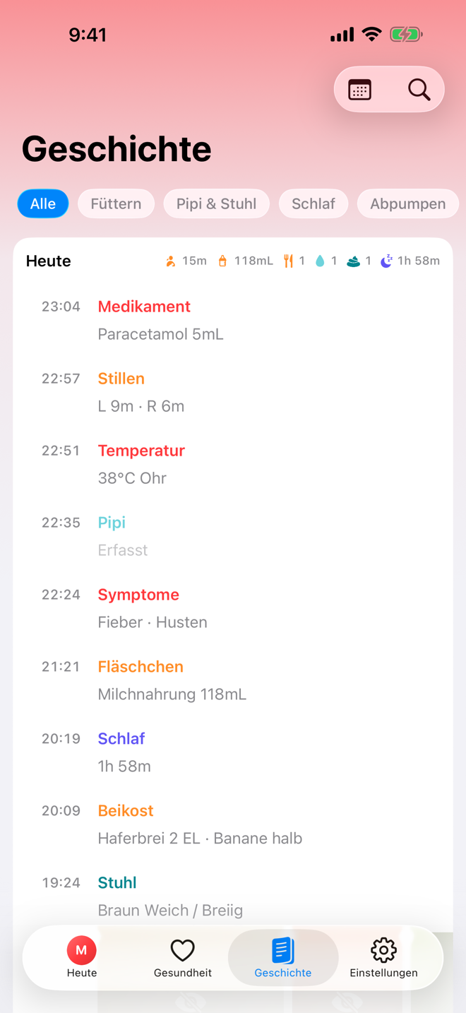 Geschichte-Bildschirm mit chronologischer Pflege-Zeitleiste.