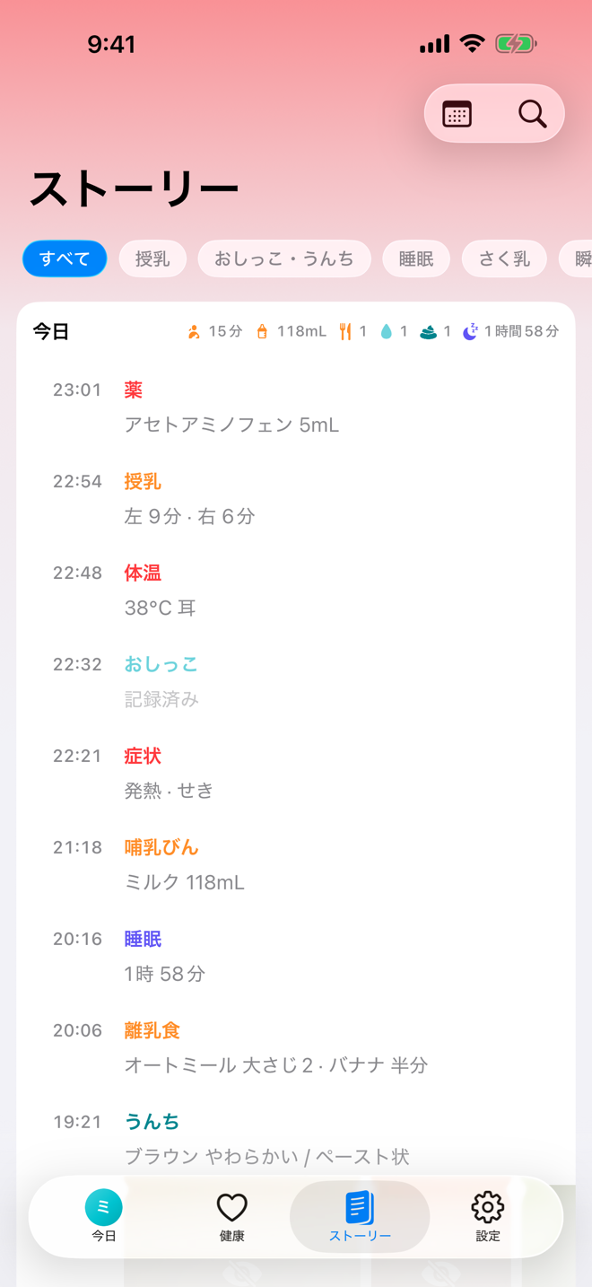 ストーリー画面。時系列のケアタイムラインが表示されています。