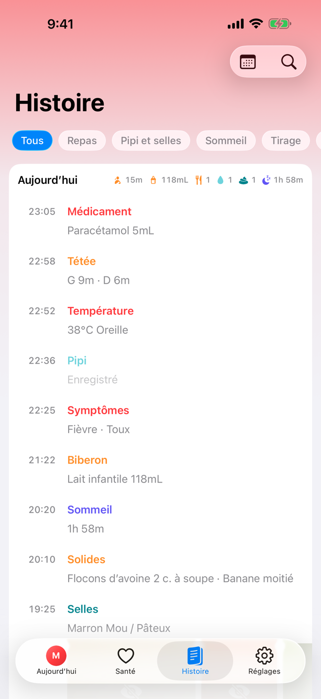 Écran Histoire montrant une chronologie de soins.