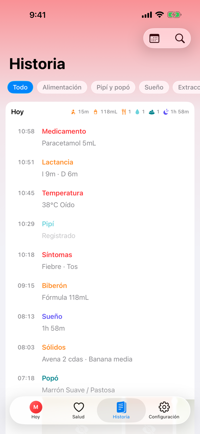 Pantalla Historia con una línea de tiempo cronológica.