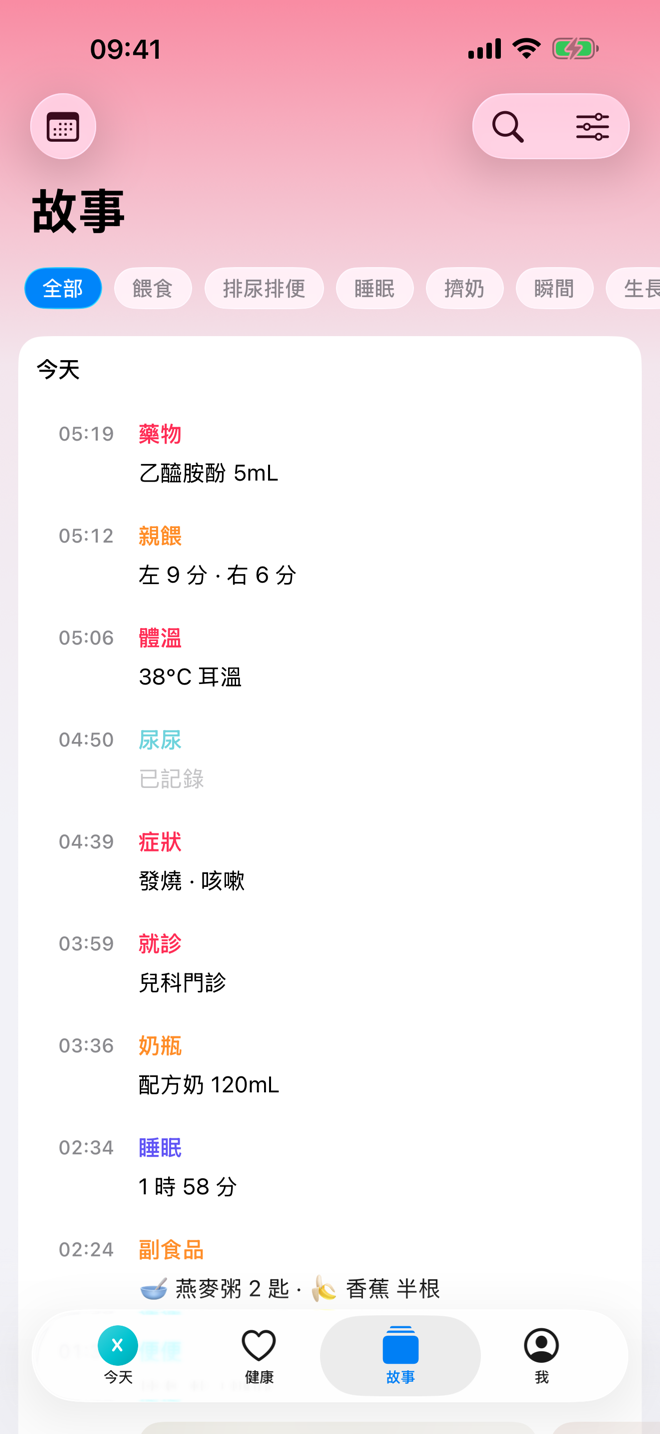 故事畫面,顯示依時間排列的照護紀錄。