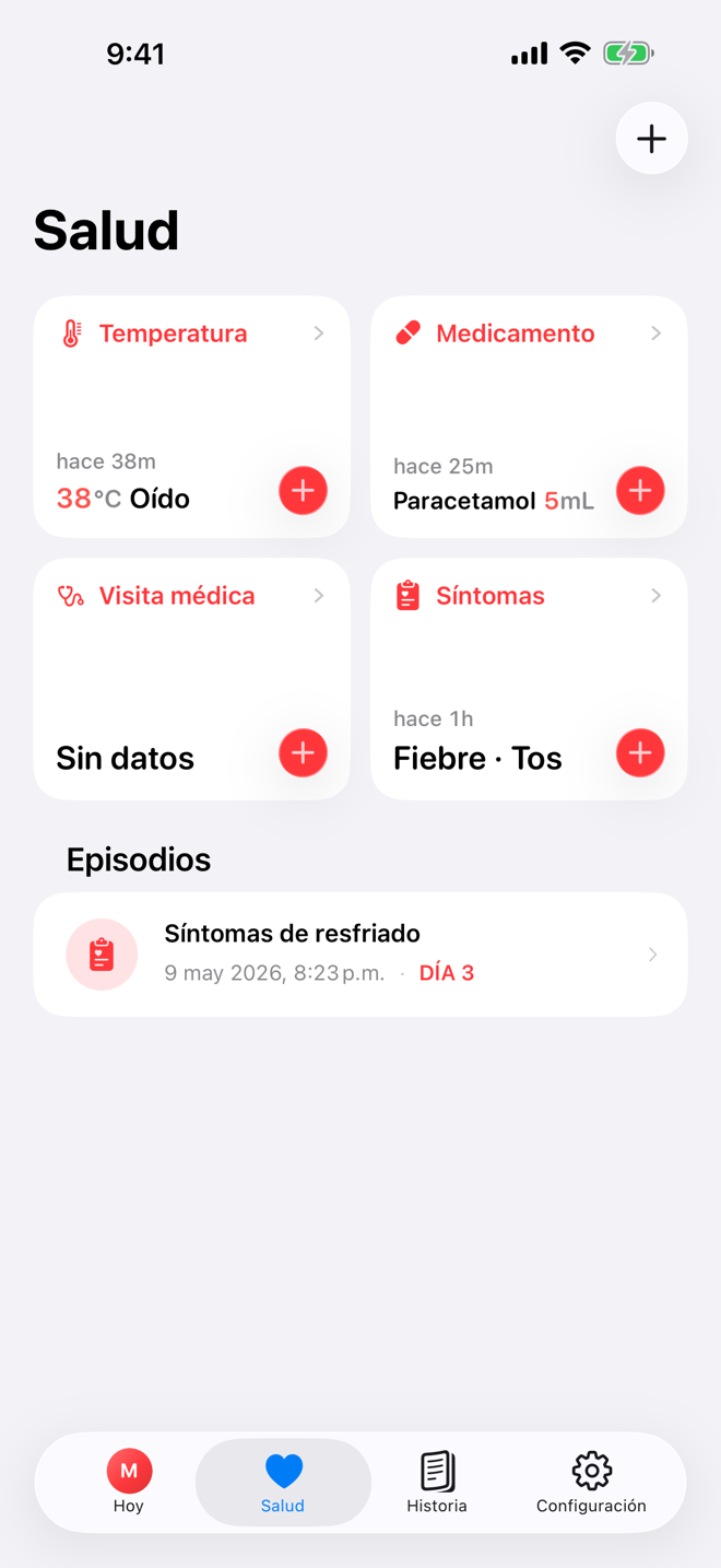 Pantalla Salud con registros rápidos y un episodio de enfermedad activo.