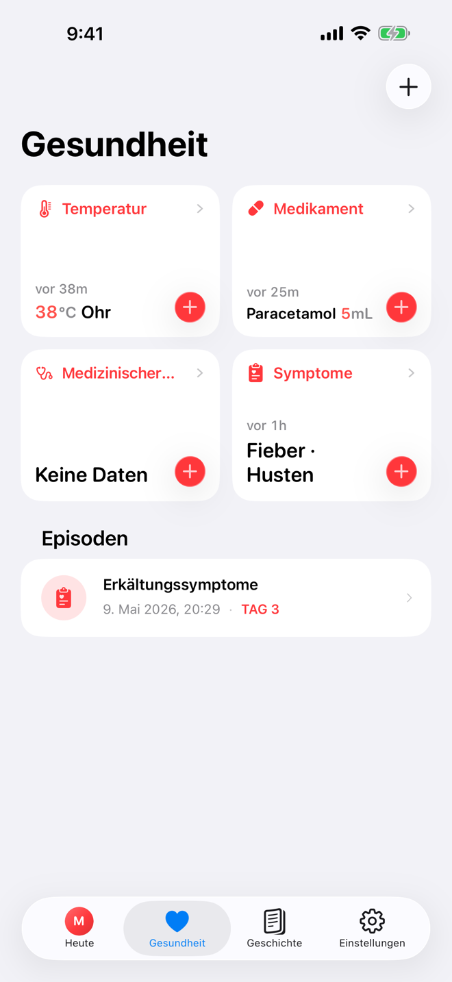 Gesundheit-Bildschirm mit Schnellprotokollen und aktivem Krankheitsverlauf.