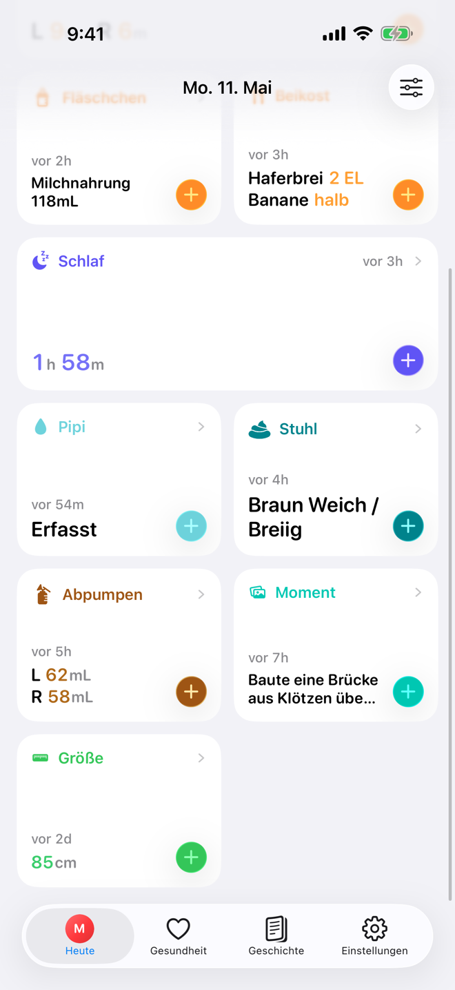 Tagesroutine-Bildschirm mit erweiterten und kompakten Pflegekarten.